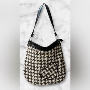 Vintage Houndstooth Fashion Express Brown Cream Satchel Bag Purse Heart Pocket